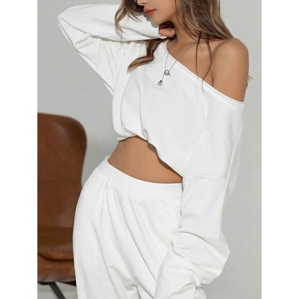 Commense Chic White Off-Shoulder Sweatshirt distressed Loungewear Casual‎  M